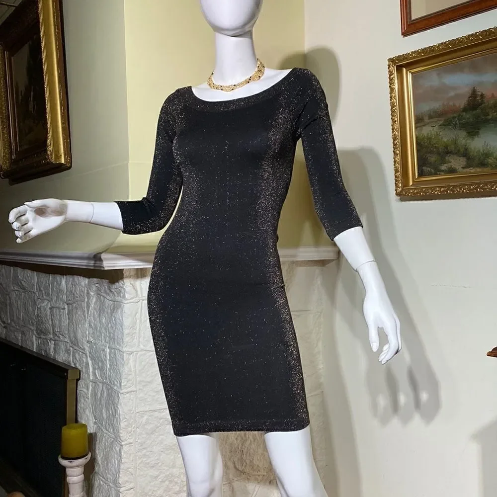 Bebe Stretch Metallic Black & Gold Bodycon Mini Dress 3/4 Sleeves - Picture 3 of 11